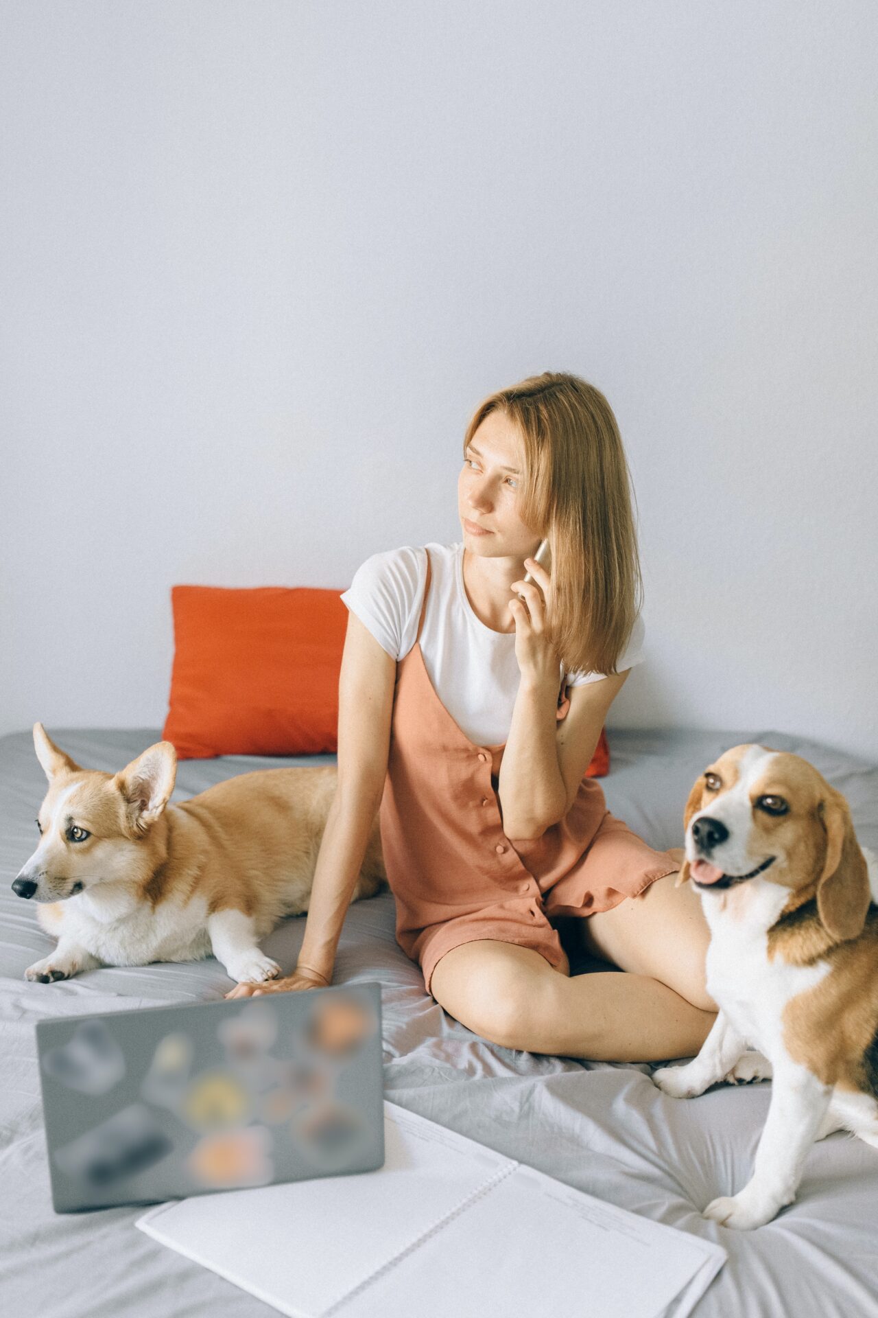 Girl sitting with two dogs while holding a phone