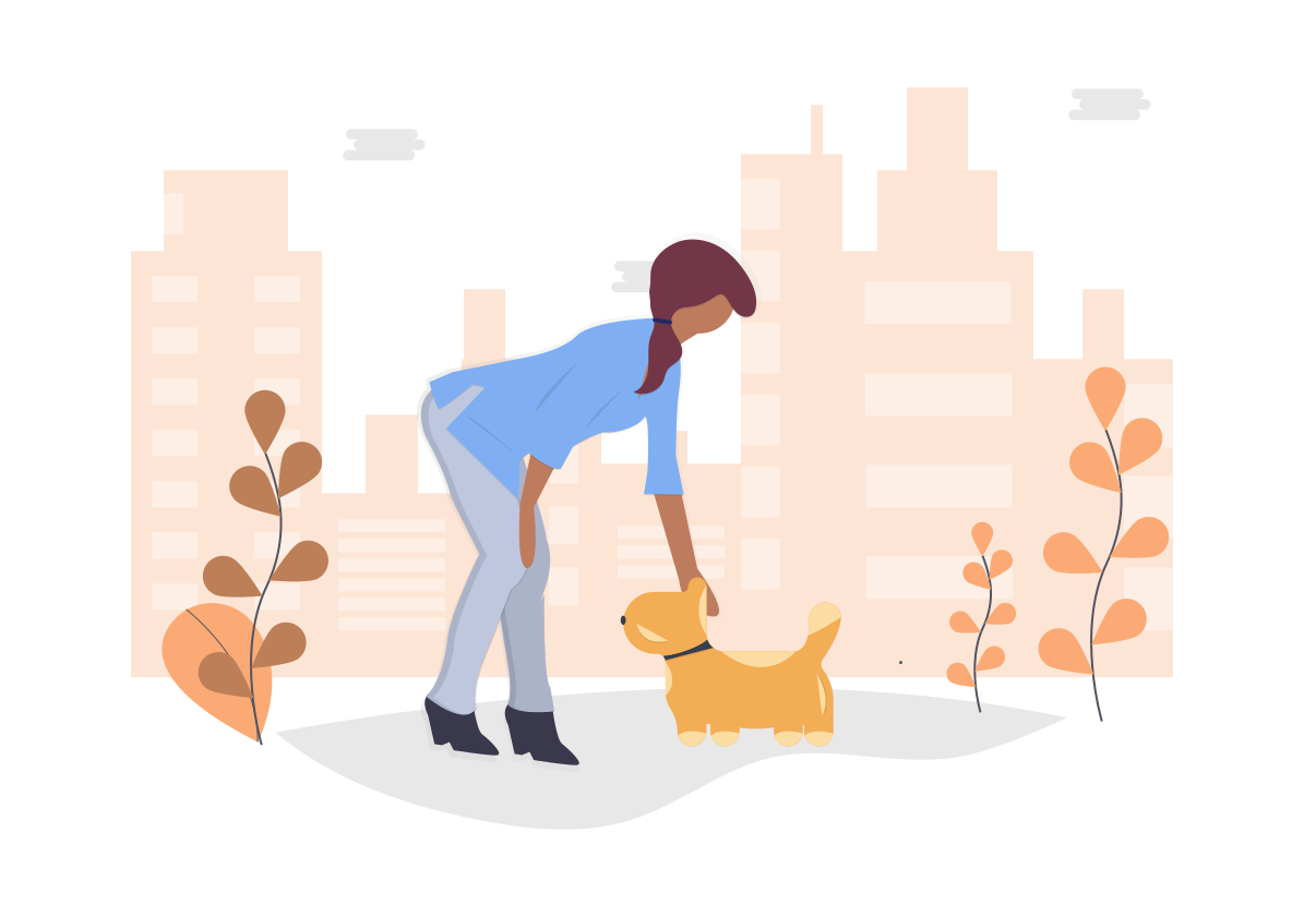 female in outdoors petting a dog illustration