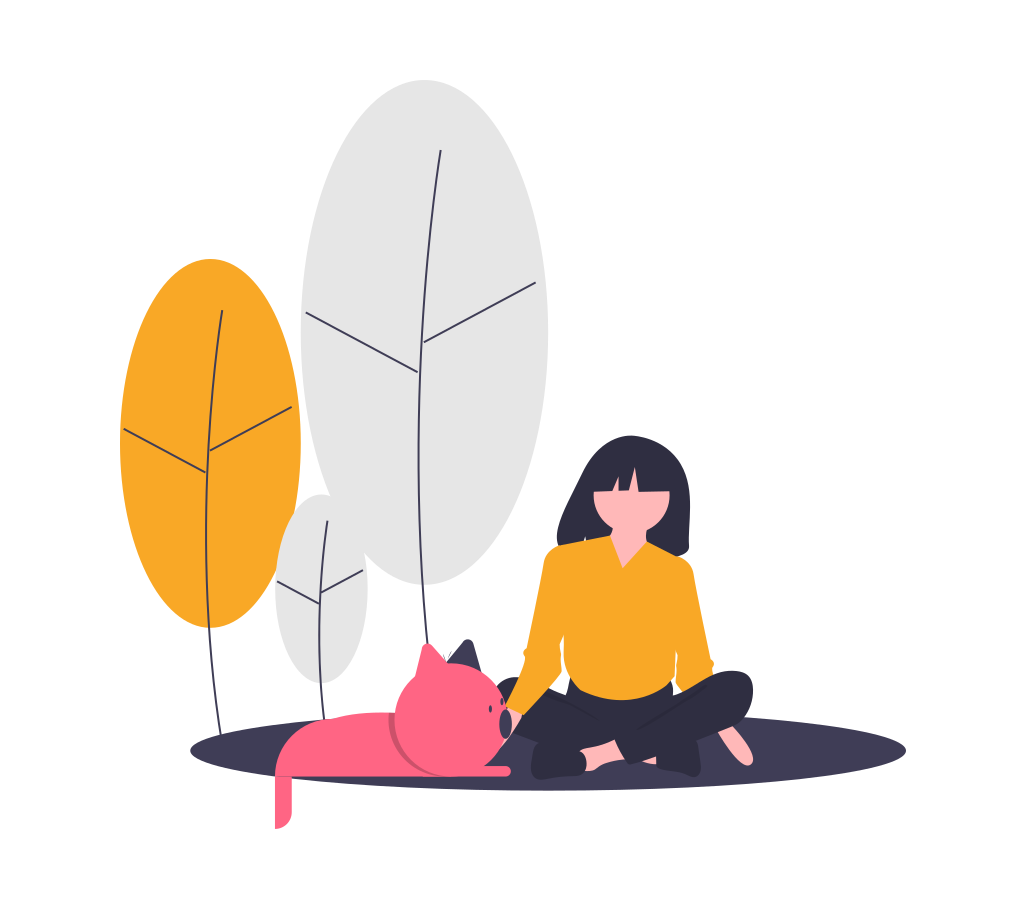 Woman sitting with her pet in a backyard illustration